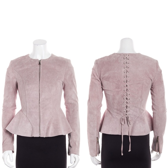 intermix • sofie pink blush rose suede lace up peplum fitted zip jacket - Picture 1 of 9